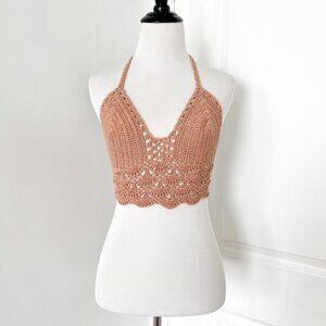 Handmade Light Brown Crochet Knit Crop Halter Top